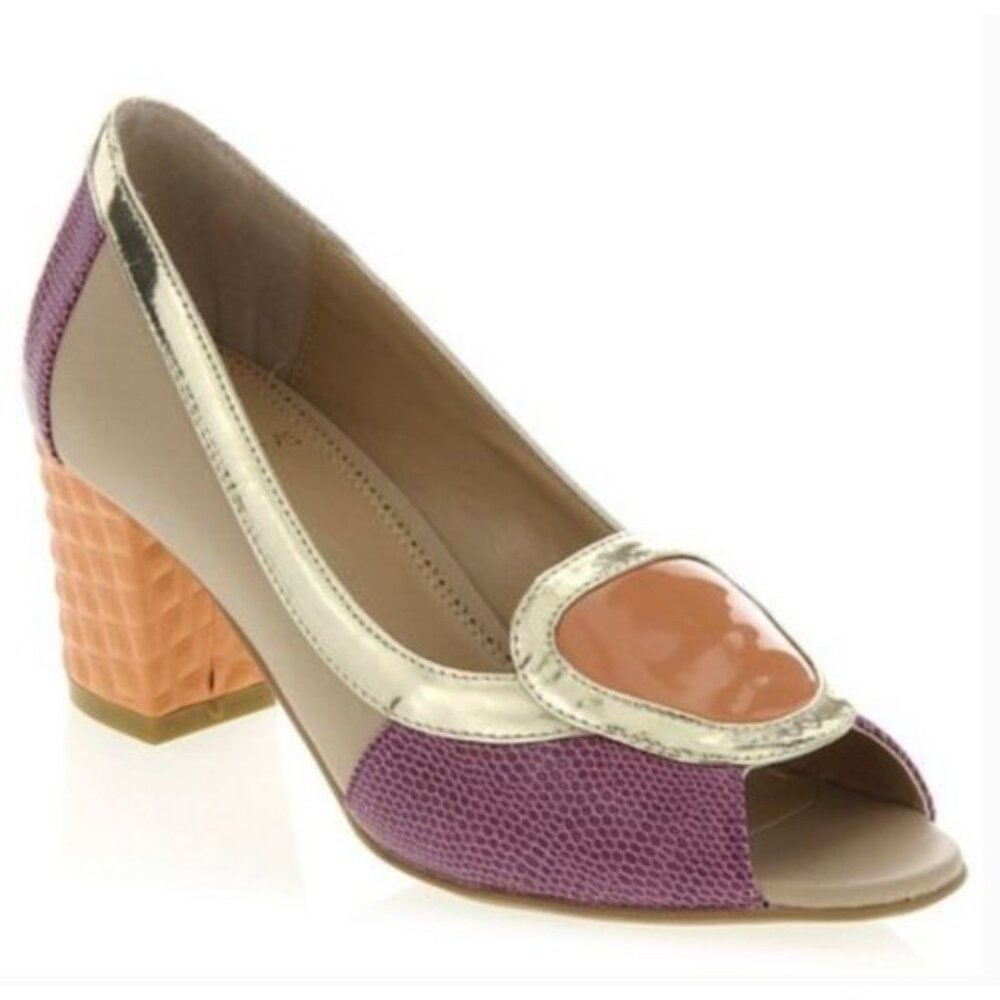Rara Avis Women's Tan Purple Orange Block Heel Peep Toe Pumps Size 7 M - Picture 2 of 12